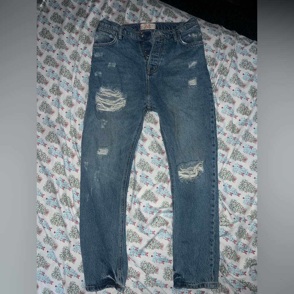 Free People Distressed Straight Leg Blue Jeans